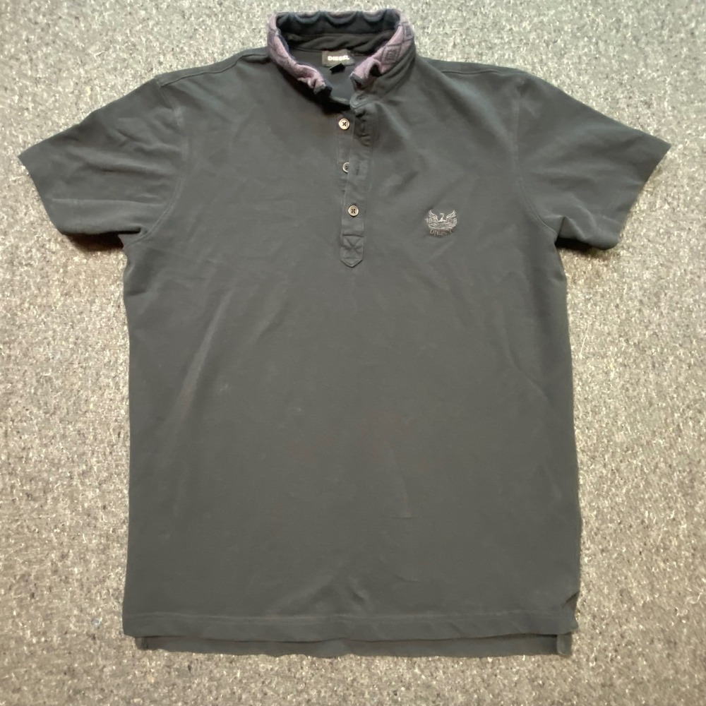 Diesel Polo Shirt M Mens Black Grunge Eagle Logo Pattern Collar Short Sleeve